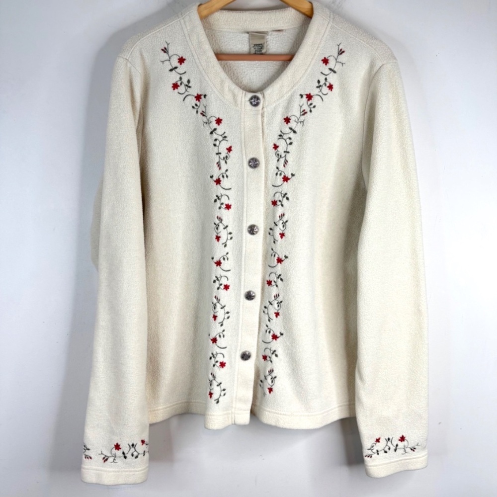 Vintage LL Bean Embroidered Floral Cardigan S Cream Fleece Cottage Granny Nordic